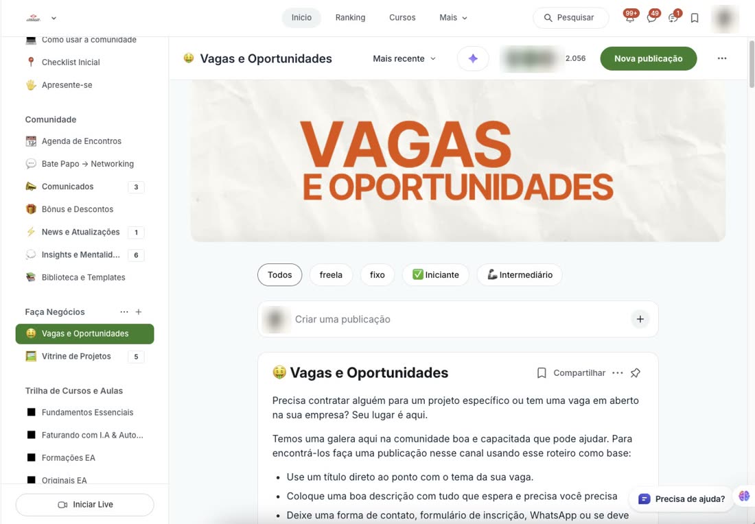 Tela real da comunidade: canal de vagas e oportunidades