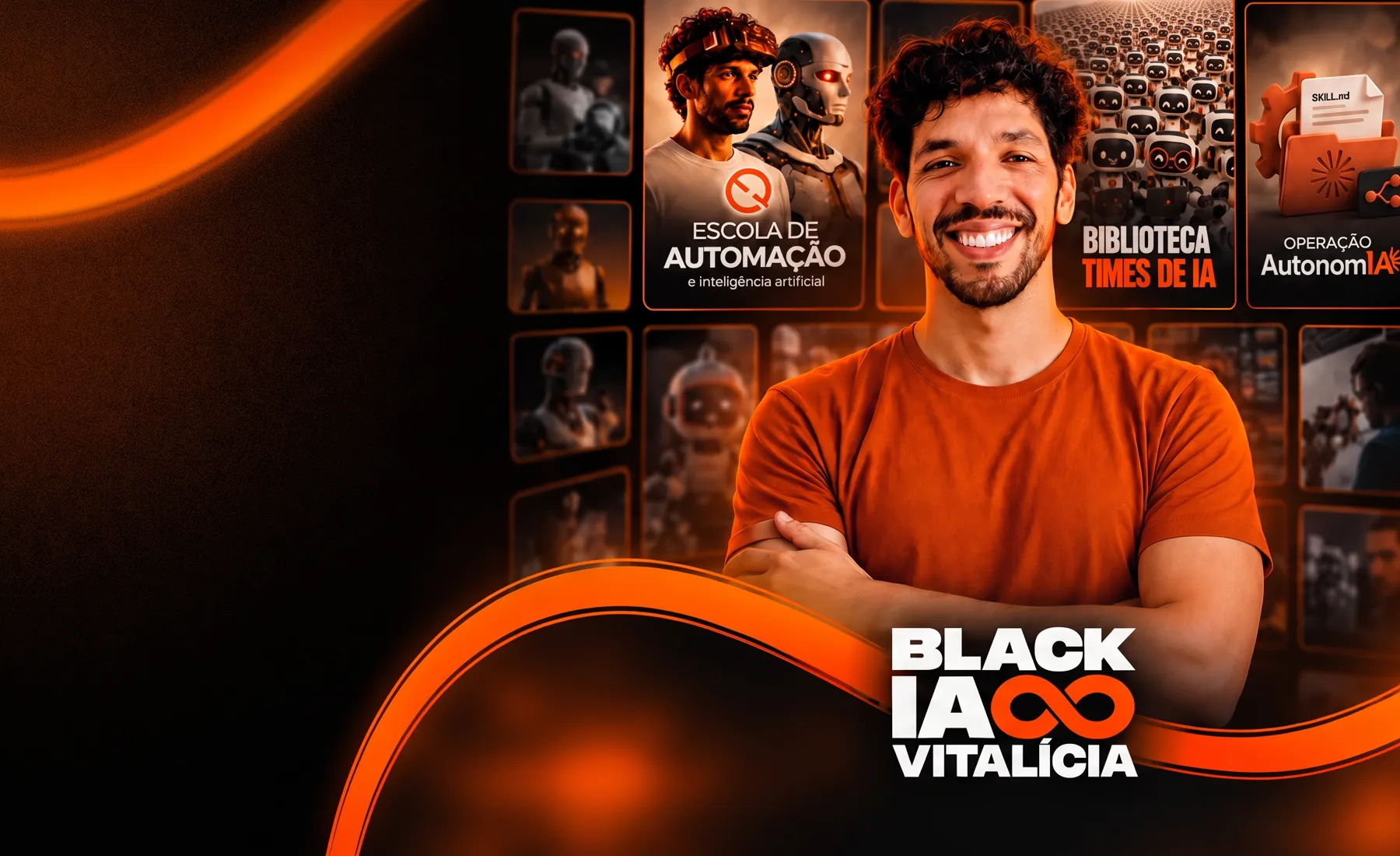 Thales com a logo Black IA Vitalícia, cercado pelas capas da Escola de Automação, da Biblioteca Times de IA e da Operação AutonomIA
